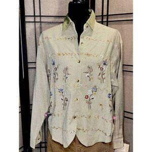 Casey & Max Size M Vintage Sage Herringbone Embroidered Floral Button Down NWT